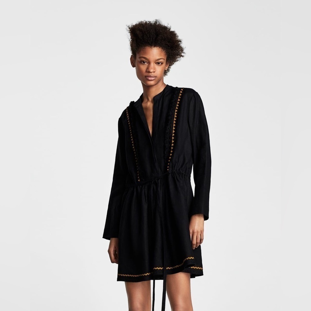 Zara • black linen tunic dress split neck